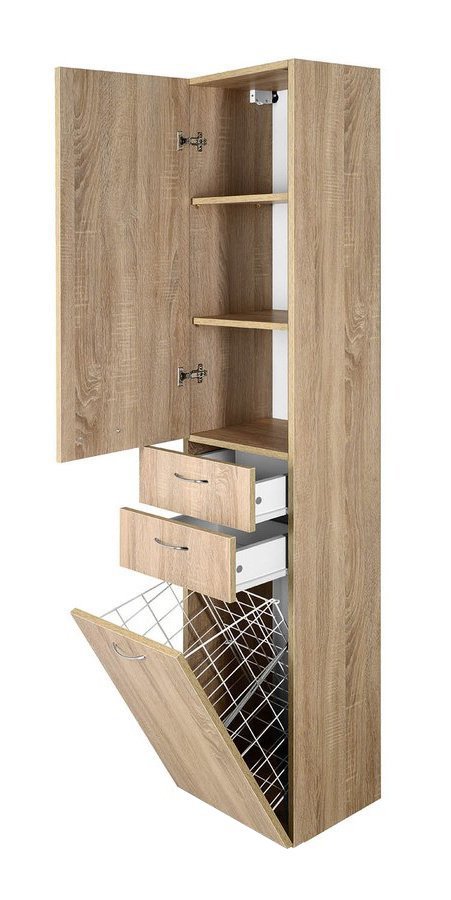 Aqualine ZOJA/KERAMIA FRESH skříňka vysoká s košem 35x184x29cm, dub platin, s otevřeným košem a zásuvkami