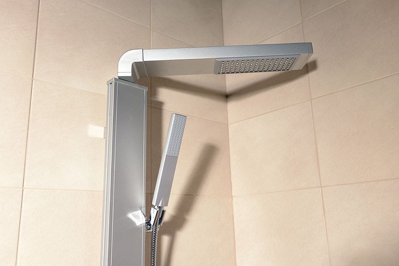 Aqualine ROME sprchový sloup k napojení na baterii, hlavová, ruční sprcha, chrom, detail horní části panelu