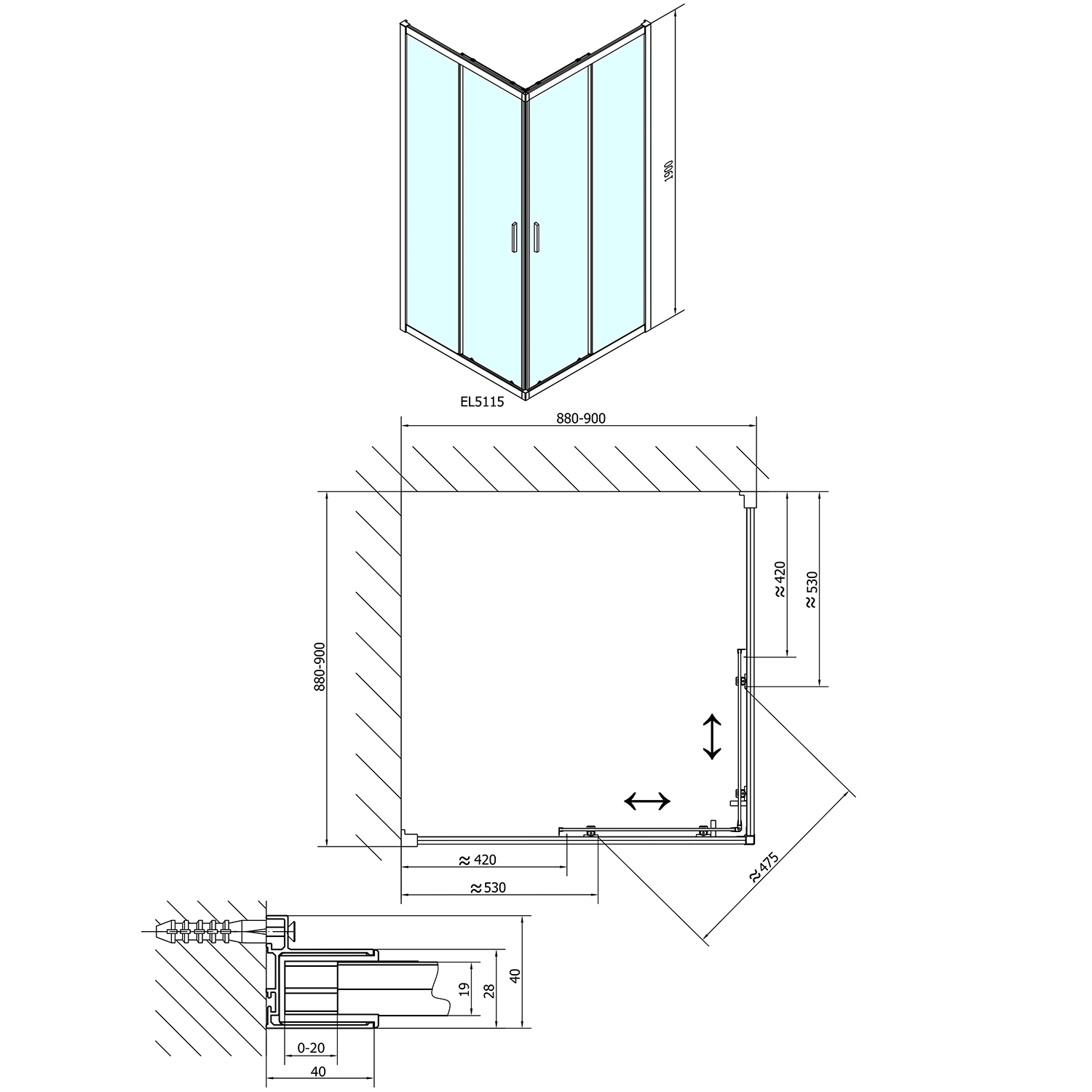 Polysan EASY čtvercová sprchová zástěna 900x900mm, čiré sklo, technický nákres