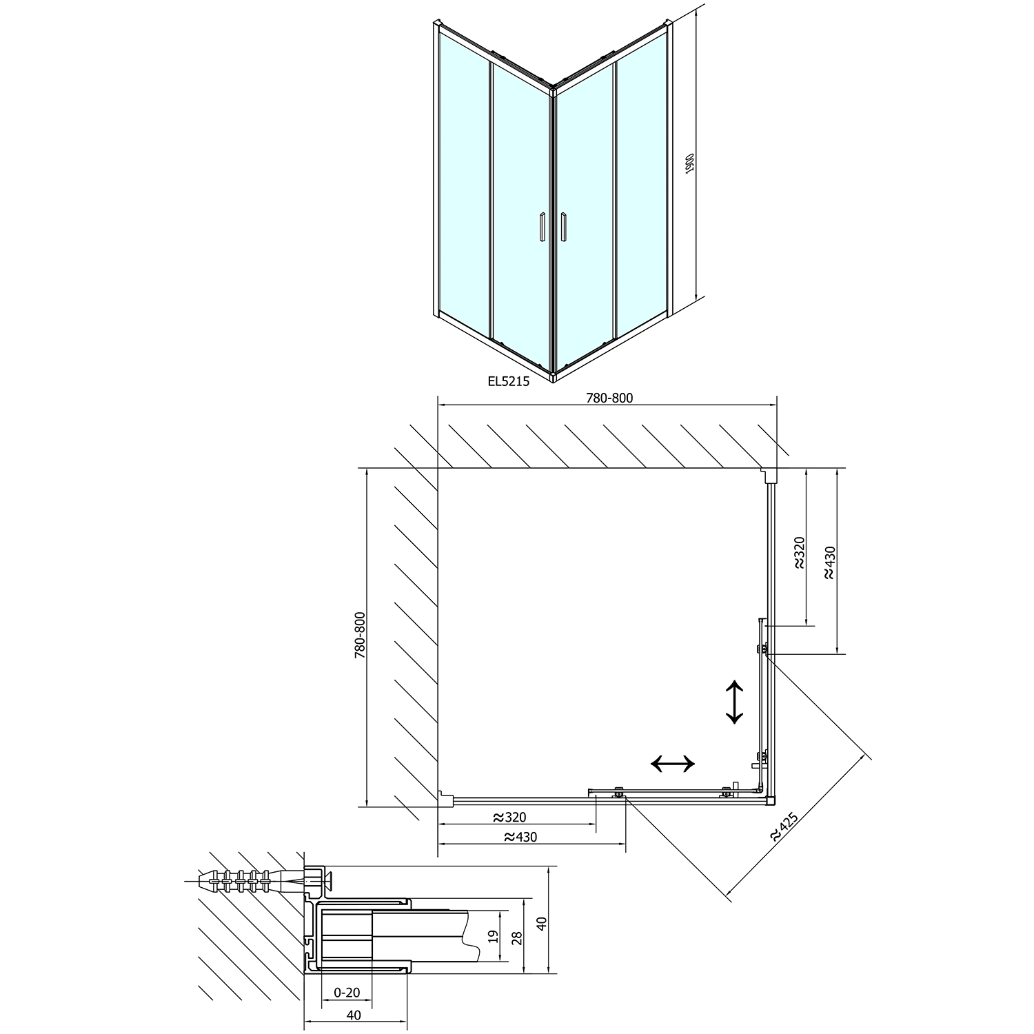 Polysan EASY čtvercová sprchová zástěna 800x800mm, čiré sklo, technický nákres