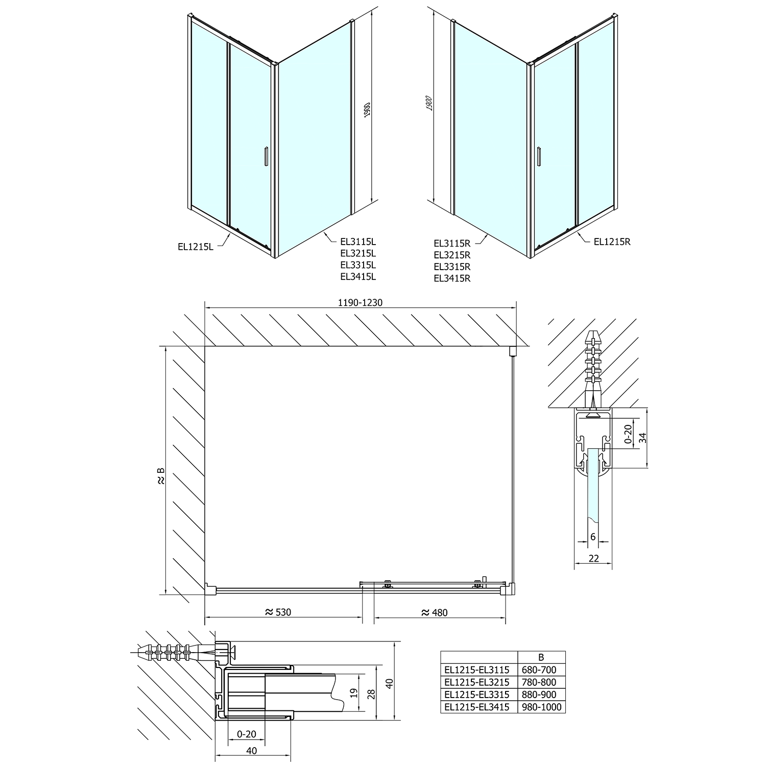 Polysan EASY obdélníkový sprchový kout 1200x700mm, čiré sklo L/P varianta, technický nákres