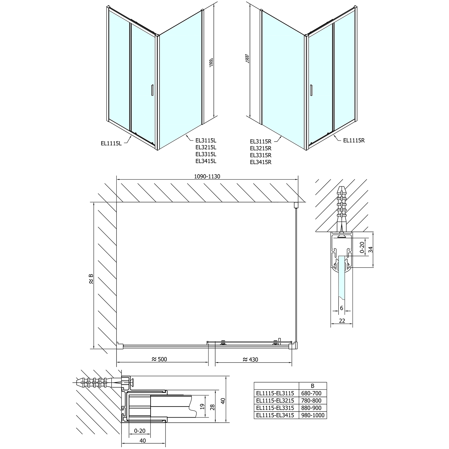 Polysan EASY obdélníkový sprchový kout 1100x800mm, čiré sklo L/P varianta, technický nákres