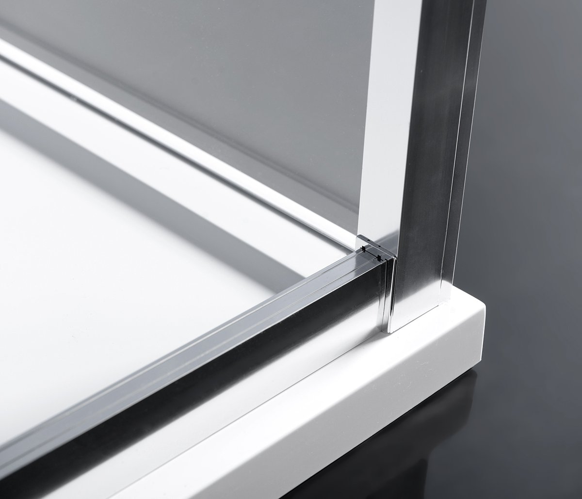 Polysan EASY obdélníkový sprchový kout 1100x800mm, čiré sklo L/P varianta, detail rohu kolejnice a vaničky