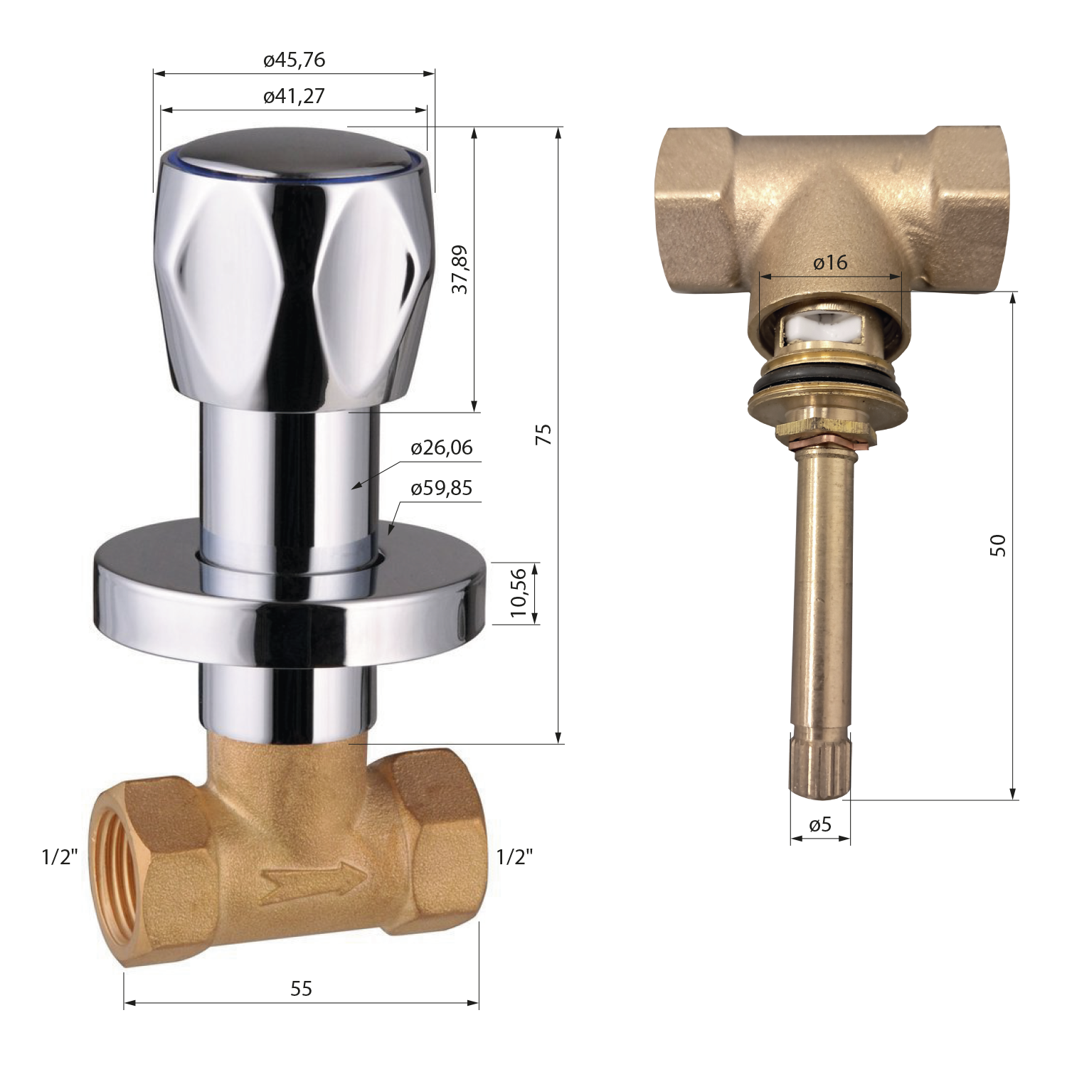 Aqualine Podomítkový uzavírací ventil 1/2", chrom, technický nákres