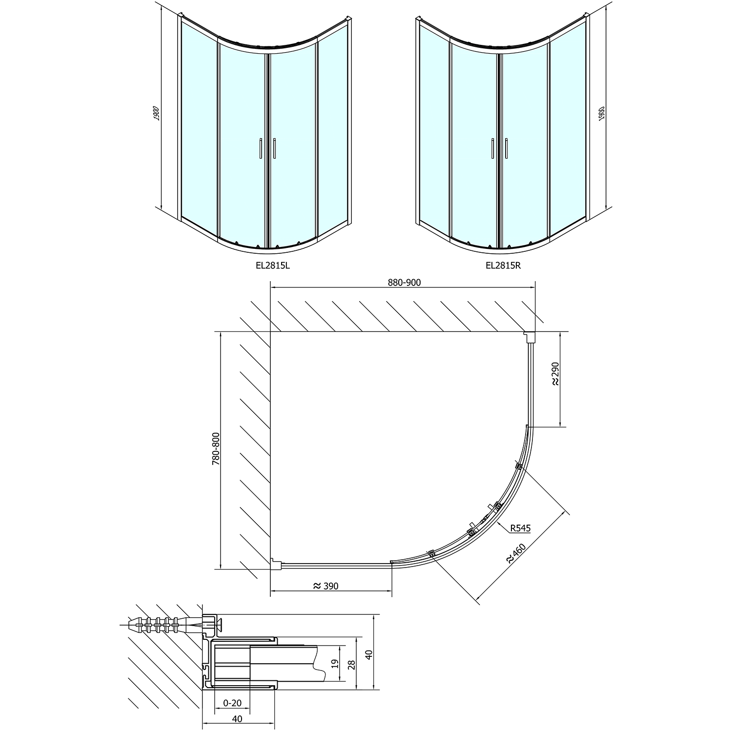 Polysan EASY čtvrtkruhová sprchová zástěna 900x800mm, L/R, čiré sklo, technický nákres