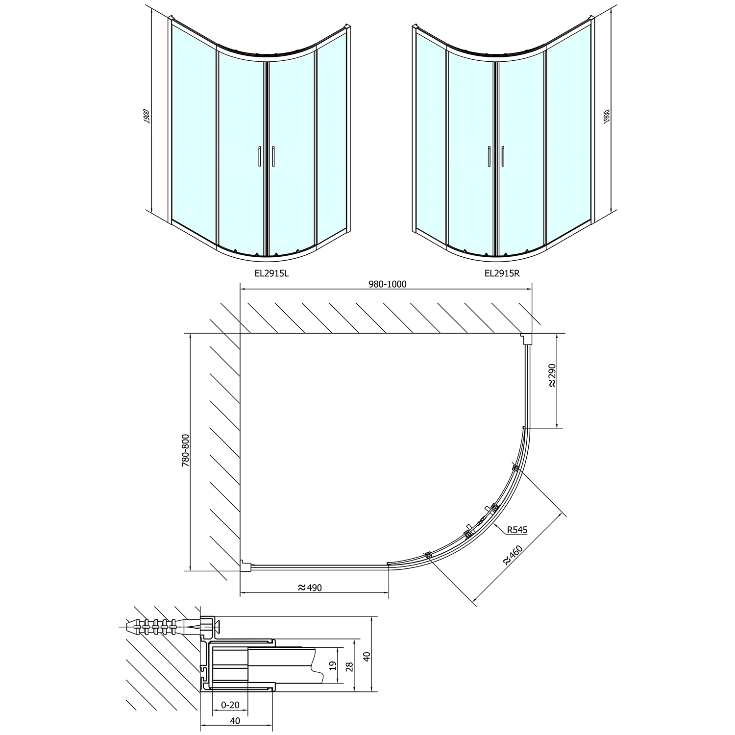 Polysan EASY čtvrtkruhová sprchová zástěna 1000x800mm, L/R, čiré sklo, technický nákres