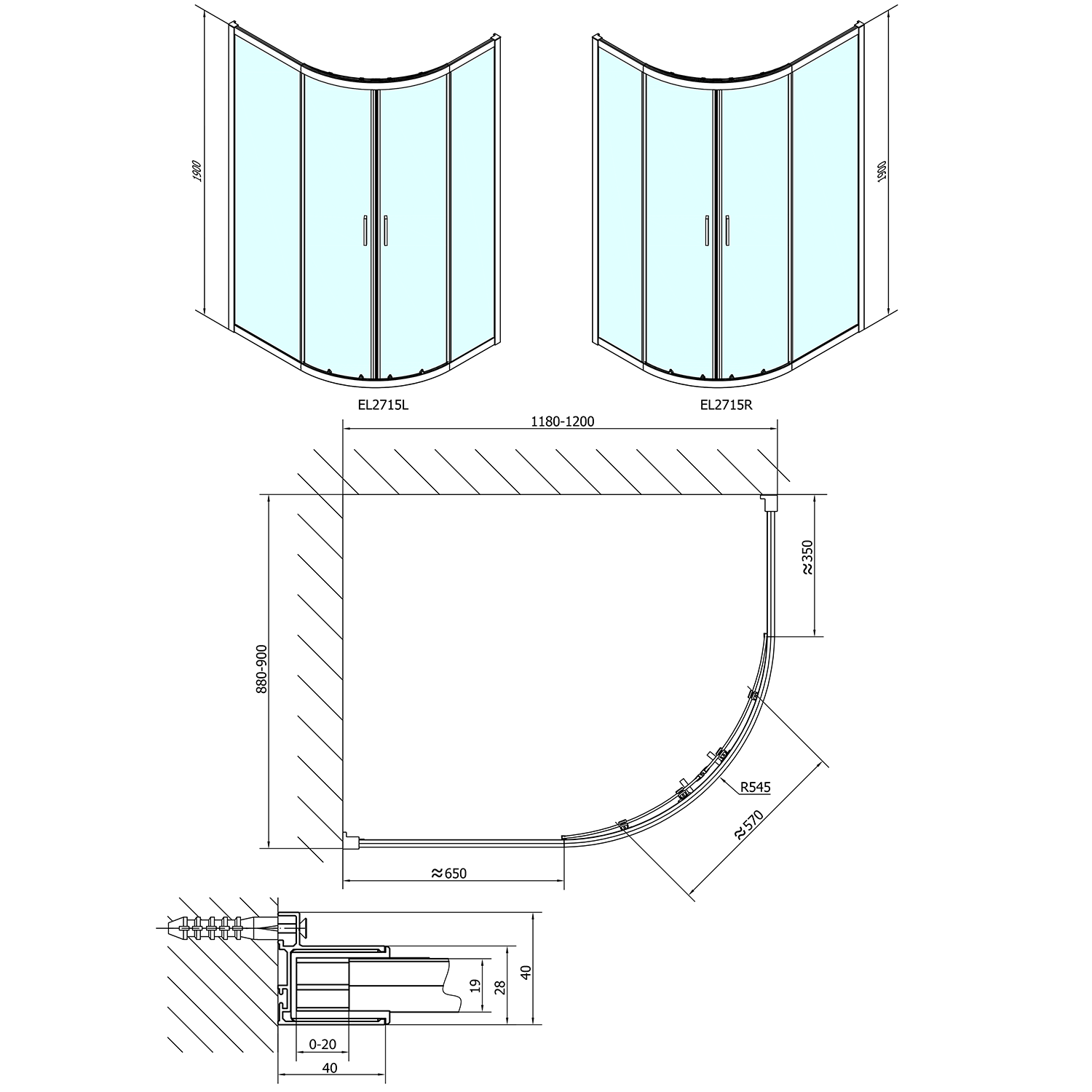 Polysan EASY čtvrtkruhová sprchová zástěna 1200x900mm, L/R, čiré sklo, technický nákres