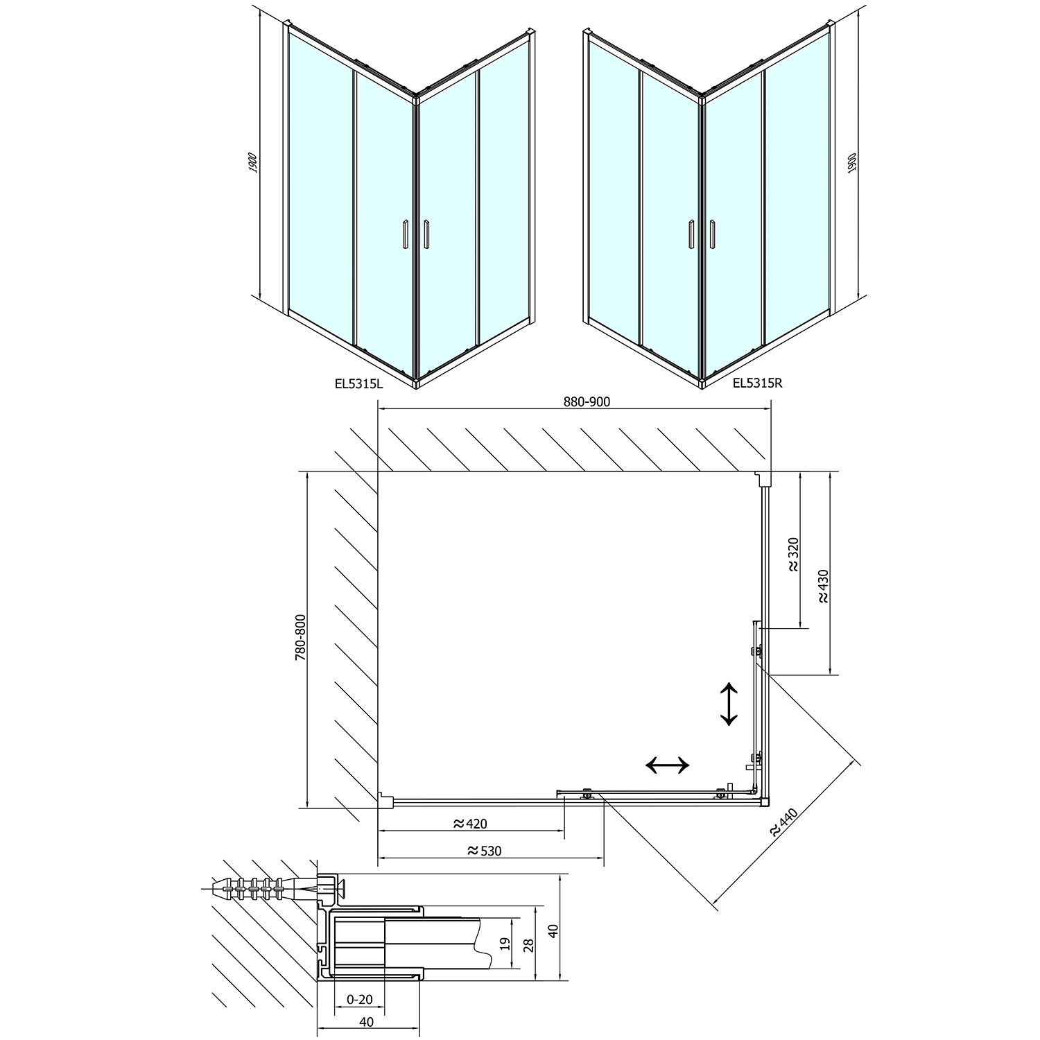 Polysan EASY obdélníková sprchová zástěna 900x800mm, čiré sklo, technický nákres