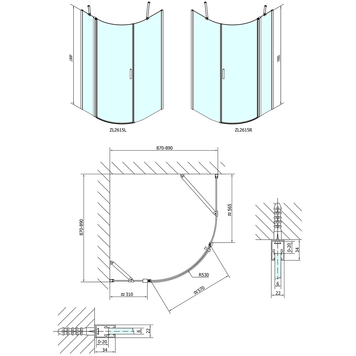 Polysan ZOOM čtvrtkruhová sprchová zástěna 900x900mm, čiré sklo, pravá, technický nákres