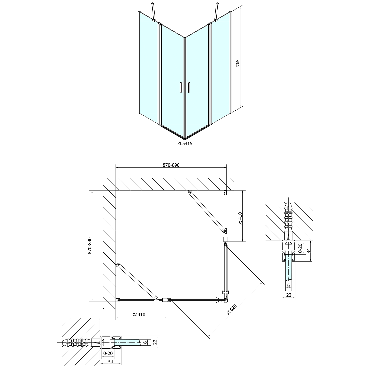 Polysan ZOOM čtvercová sprchová zástěna 900x900mm, čiré sklo, technický nákres
