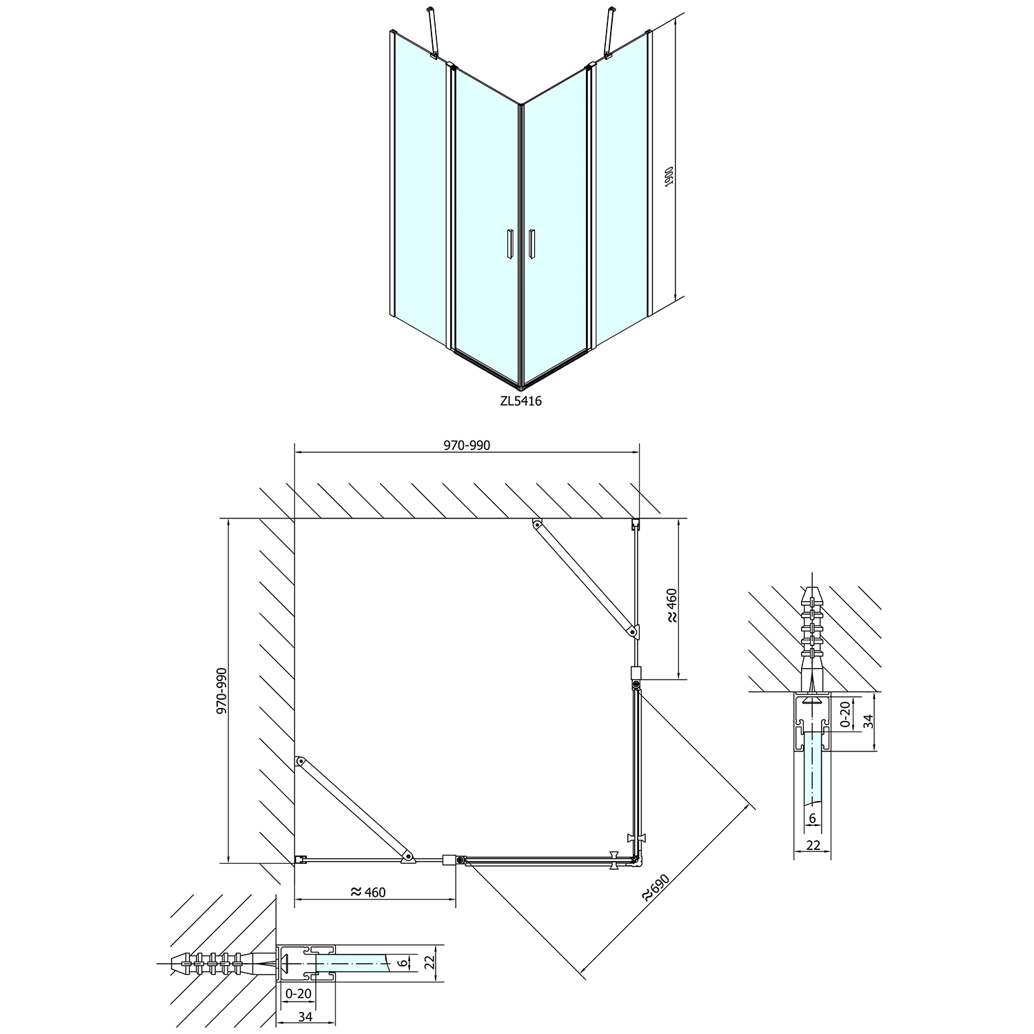 Polysan ZOOM čtvercová sprchová zástěna 1000x1000mm, čiré sklo, technický nákres