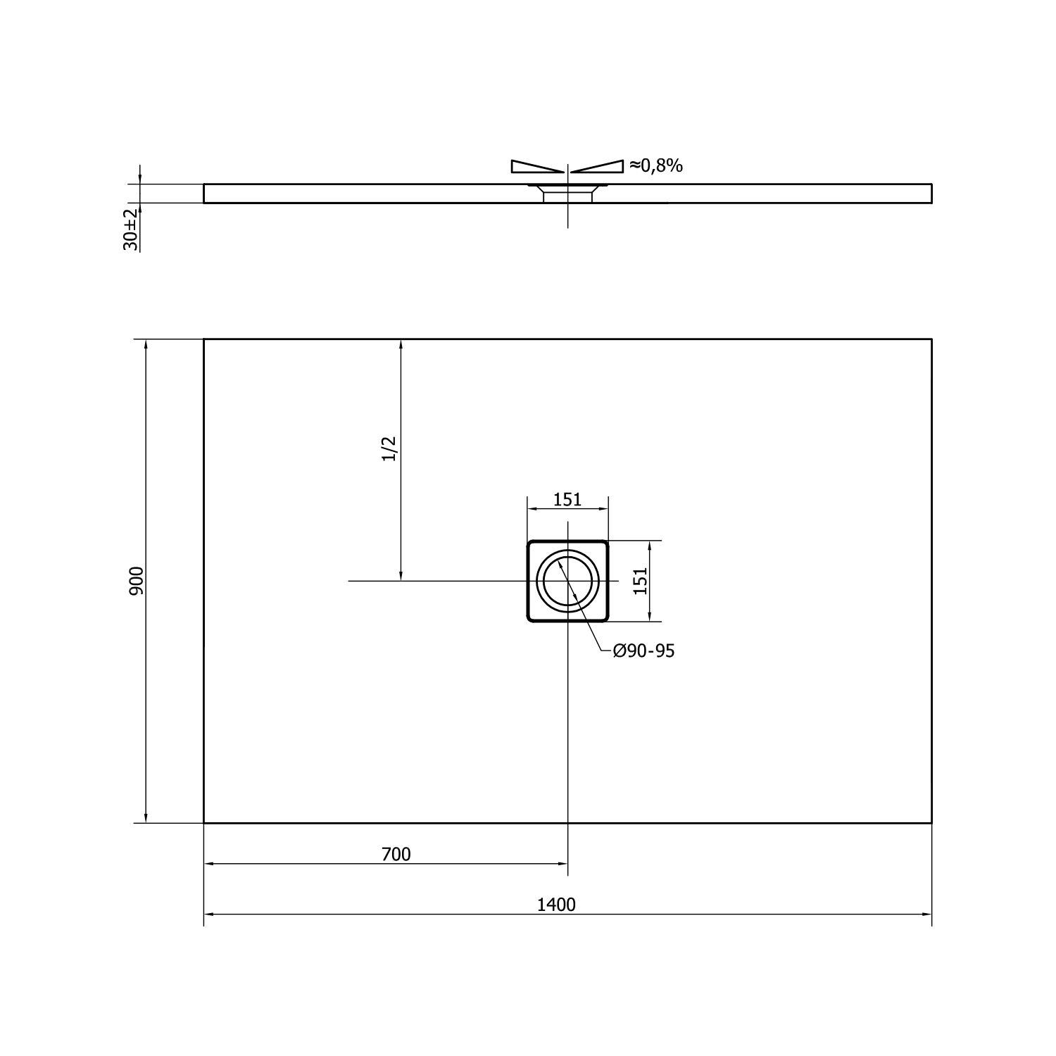 Polysan FLEXIA vanička z litého mramoru s možností úpravy rozměru, 140x90cm, technický nákres