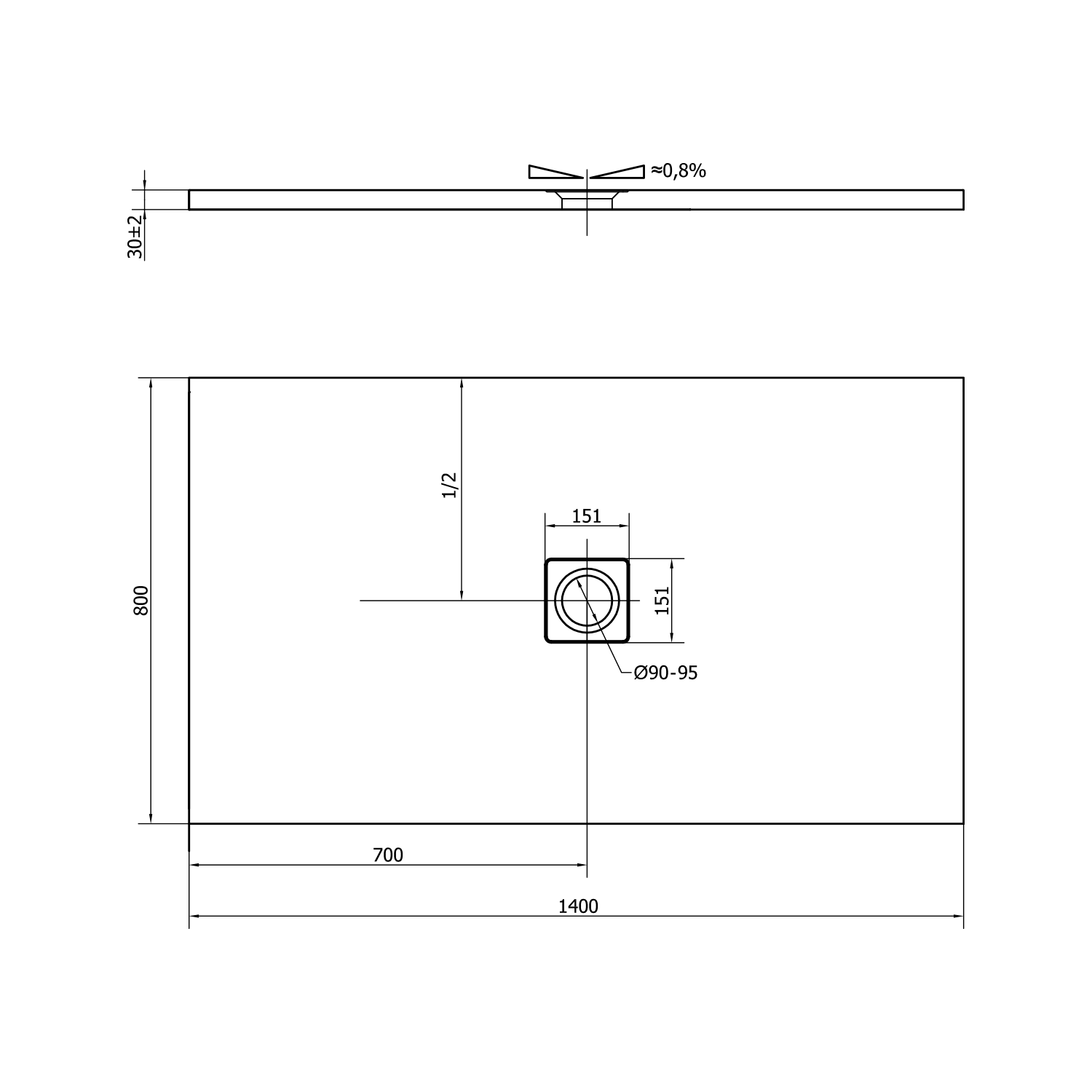 Polysan FLEXIA vanička z litého mramoru s možností úpravy rozměru, 140x80cm, technický nákres
