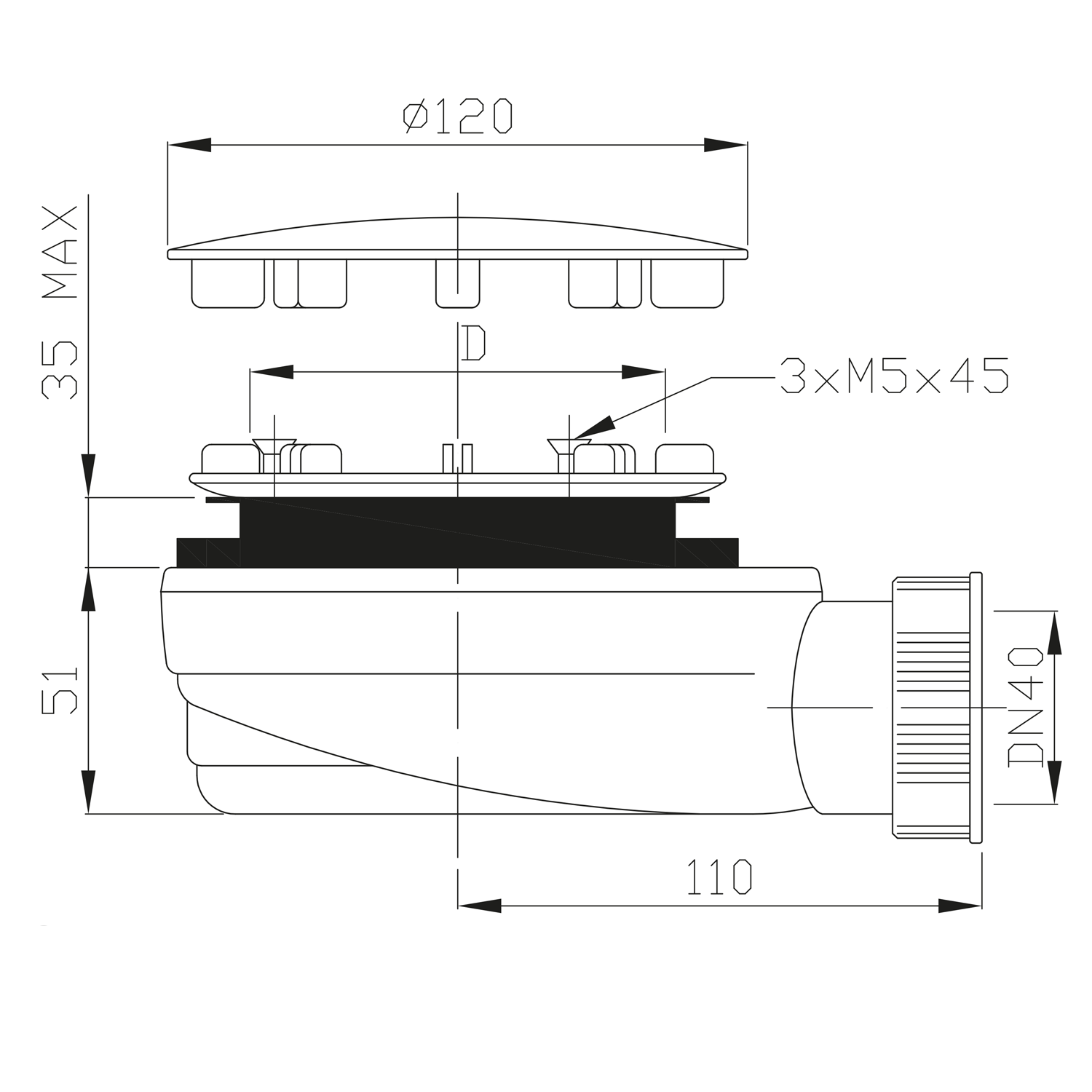 Polysan Vaničkový sifon, průměr 90mm, DN40, extra nízký, krytka nerez lesk, technický nákres
